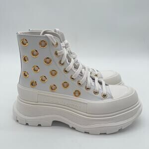 Alexander McQueen $1090 Boxer Dog Calf White Leather Platform Boots NWB 38/8